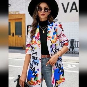 SHEIN Unity Slogan & Graffiti Print Single Button Blazer (XL/12)